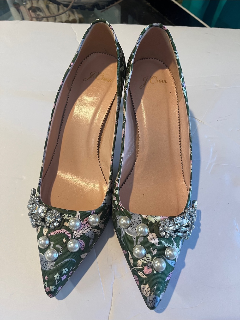 J. Crew Green Floral Pointed Toe Heels with Pearl & Crystal Accents